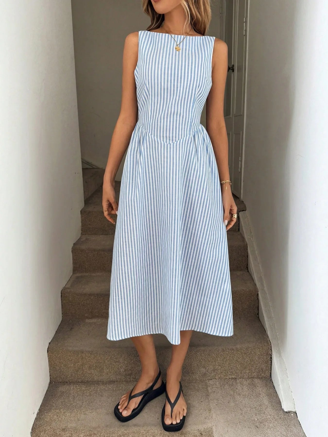 Summer fashion new high-end casual vertical stripe sleeveless dress SKY BLUE