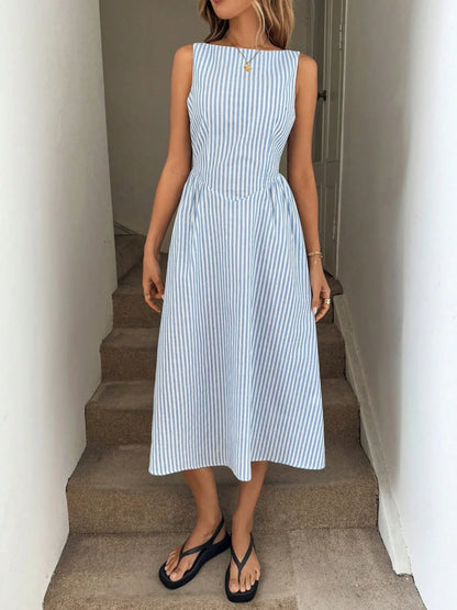 Summer fashion new high-end casual vertical stripe sleeveless dress SKY BLUE