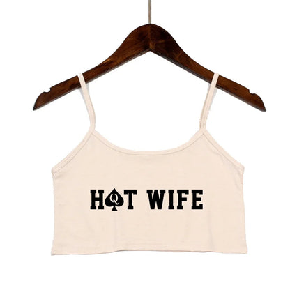 HOT WIFE Letters Print Female Sexy Crop Top Fashion Women's Sexy Elastic Cotton Camis Sleeveless Short Girls Tank Top Bar Women Khaki 2