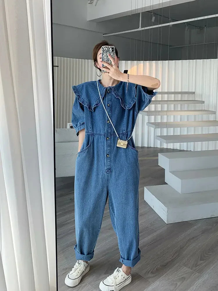 Jumpsuits Women 2022 New Fashion Autumn Spring Jeans Doll Collar Solid  Full Length High Waist Loose Jump Suits for Women Badiee Stylez