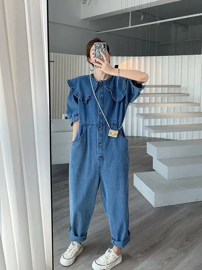 Jumpsuits Women 2022 New Fashion Autumn Spring Jeans Doll Collar Solid  Full Length High Waist Loose Jump Suits for Women Badiee Stylez