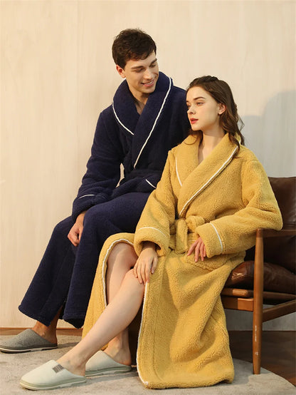 Men's Winter Bathrobe Long Sleeve Warm Turn Down Collar Man Fluffy Bath Robe With Sashes Solid Fleece Dressing Gown For Male