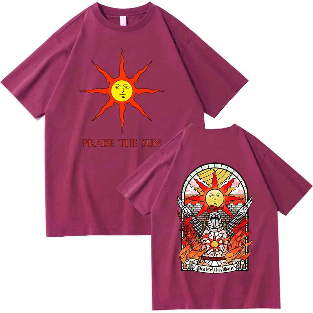 Dark Souls Praise The Sun T-shirt Man Women Harajuku O-neck Summer Casual Shirt wine red