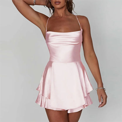 Women Solid Color Cami Playsuits Backless Women Sexy Spaghetti Strap Sleeveless Halter Shorts Jumpsuit Ruffle Romper Clubwear