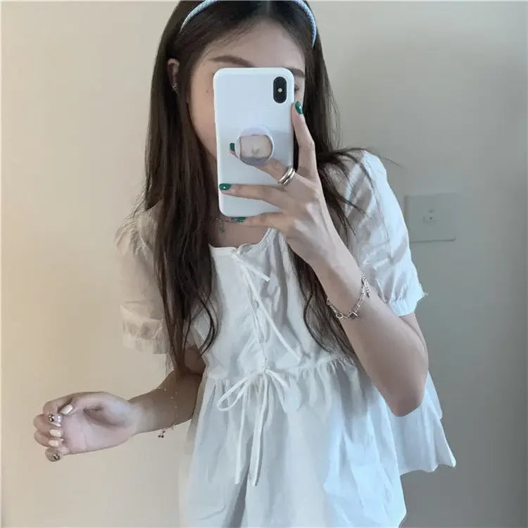 Ruffles Shirts and Blouses Korea Short Sleeve Top Women 2024 Summer Lace-up Sweet Blouses Cute Elegant Solid Sweet Folds Clothes