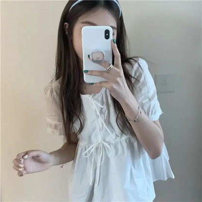 Ruffles Shirts and Blouses Korea Short Sleeve Top Women 2024 Summer Lace-up Sweet Blouses Cute Elegant Solid Sweet Folds Clothes