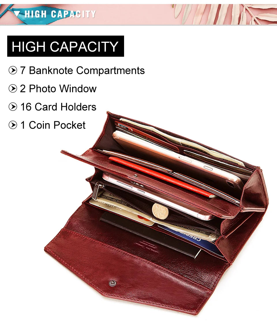 HUMERPAUL Women' s Wallet Top Layer Leather Long Cell Phone Bag with RFID Card Holder Large Capacity Luxury ﻿Ladies Handbags