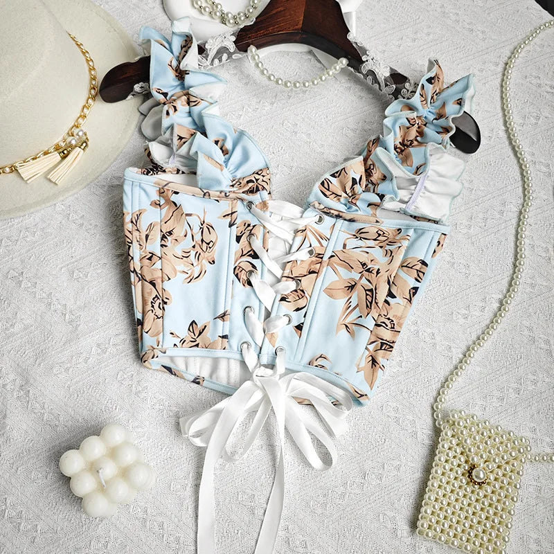 Sexy Bandage Ruffle Off Shoulder Slim Top Chic Straps Camis Slim Korean Tanks Top Elegant Crop Top Summer Women Bustier