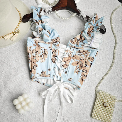 Sexy Bandage Ruffle Off Shoulder Slim Top Chic Straps Camis Slim Korean Tanks Top Elegant Crop Top Summer Women Bustier