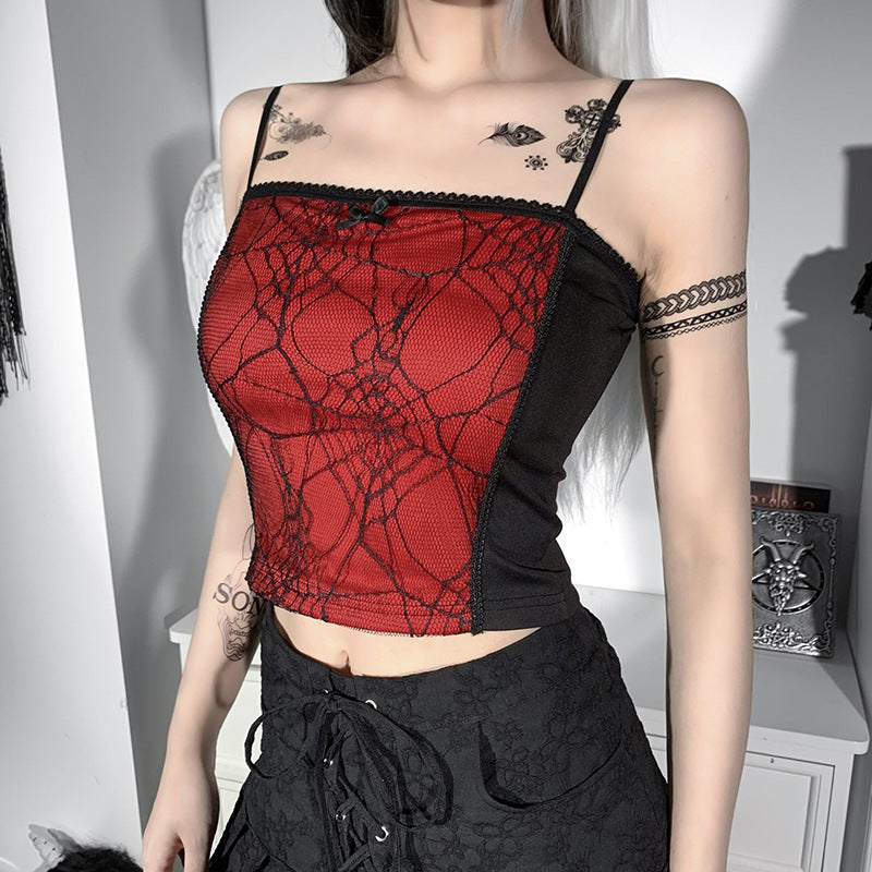 Gothic Cami Tops Y2K Aesthetic Grunge Mall Goth Crop Top Mesh Spider Net Lace Tank Lace Top E-girl Harajuku Slim Tees