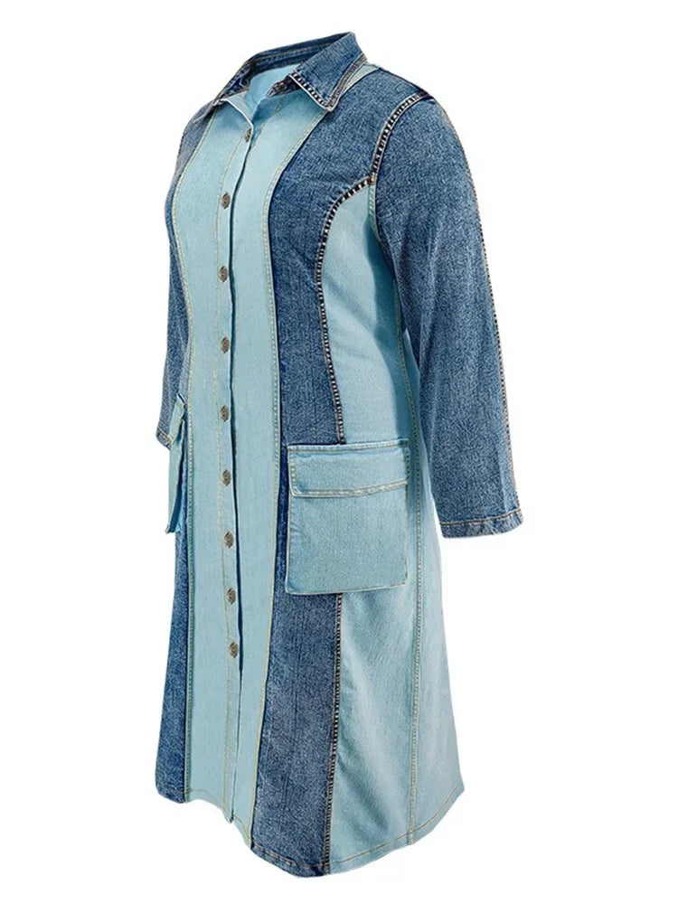Wmstar Plus Size Denim Dresses Women Long Sleeve Casual Button Pockets Striped Maxi Dress Fall Clothes Wholesale Dropshipping