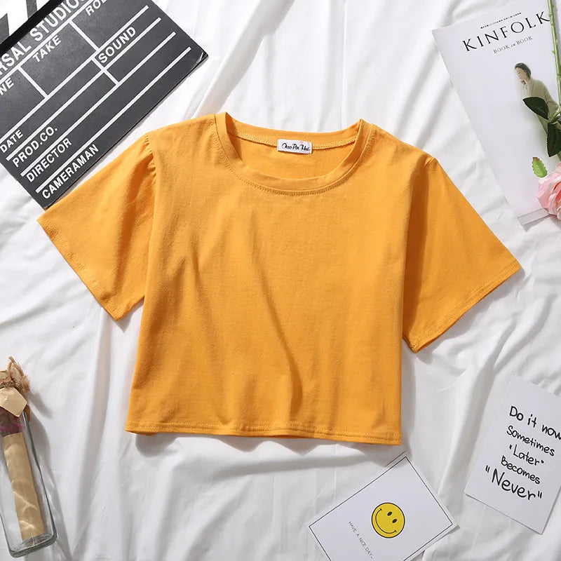 Summer Short Sleeve T Shirts Women Cotton Solid T-shirt O Neck High Waist Crop Top Tee Female Casual Loose T Shirt Badiee Stylez