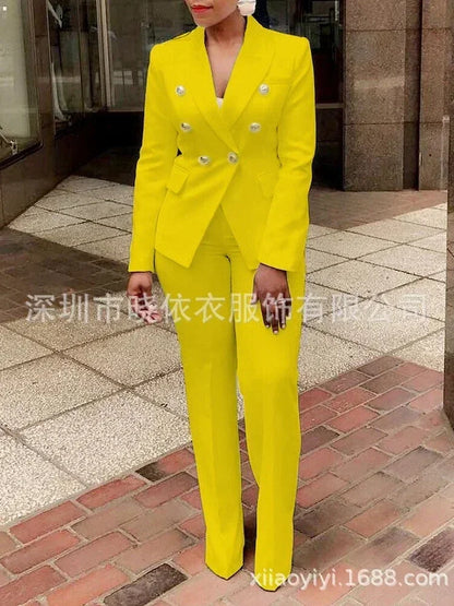 Women Pants Set Two Piece Sets Turn Down Collar White Blazer Elegant Coats Matching Sets Work High Waist Long Pants Suits