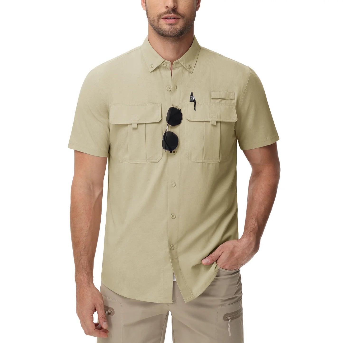TACVASEN UV Block Fishing Shirts Mens Lightweight Quick Dry Short Sleeve Shirt Breathable Outdoor Hiking Shirt Fishing Shirts Light Khaki CHINA