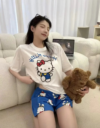 Hello Kitty Summer White & Blue Pajama Set Women's Short Sleeve Shorts with Lace Accents Soft Breathable Loungewear Home Comfort