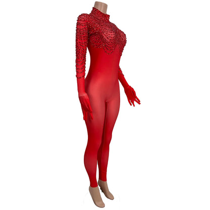 High Elasticity Large Sized Women Jumpsuit Shiny Red Shawl Rhinestone Tight Pants with Glove Acrobatic Pole Dance Costume pijian Badiee Stylez