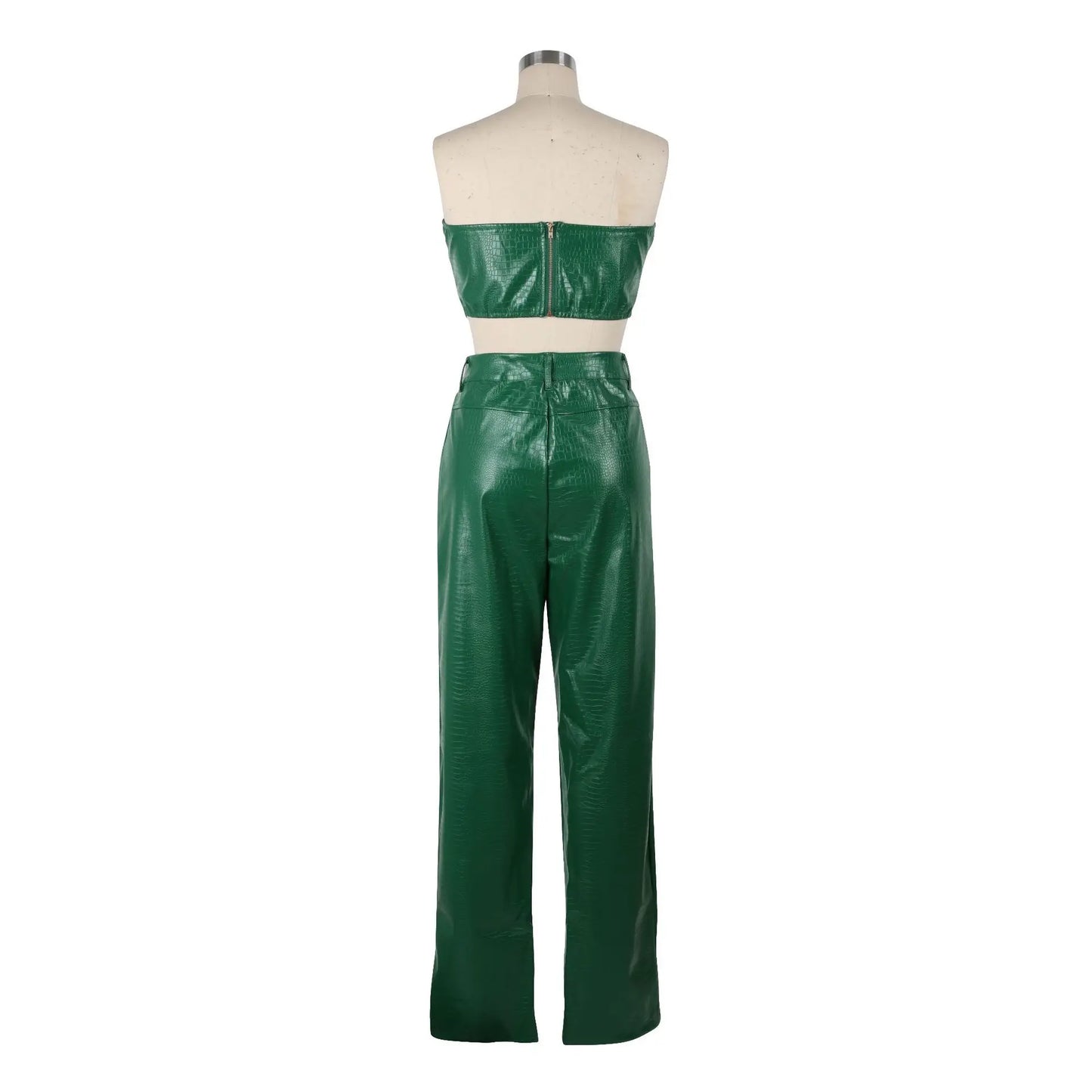 HBLL Women's Green Corset Cut-Out Cargo Sexy Sleeveless Jumpsuits PU Leather Matching Set Sexy Clubwear 2 Piece Outfits