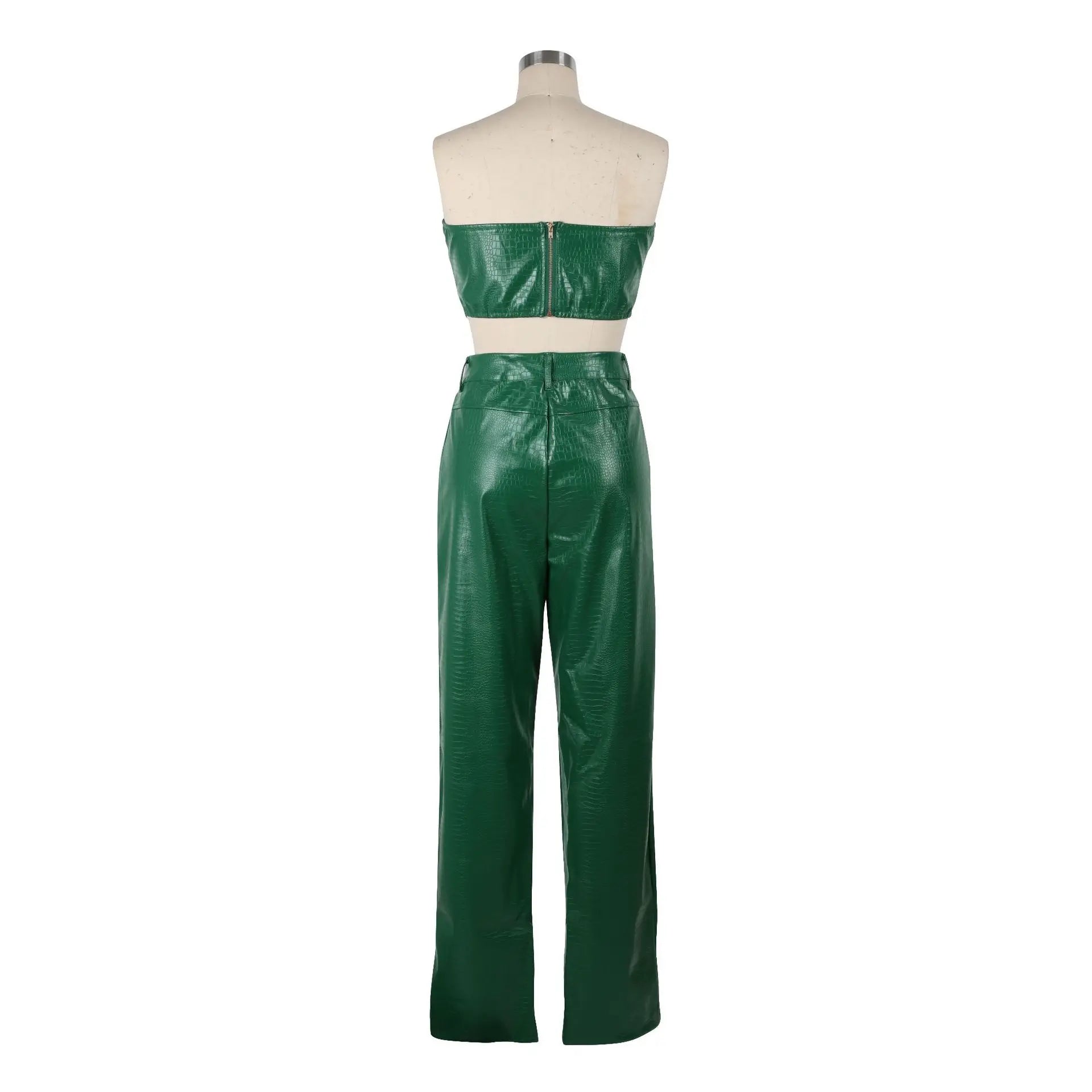 HBLL Women's Green Corset Cut-Out Cargo Sexy Sleeveless Jumpsuits PU Leather Matching Set Sexy Clubwear 2 Piece Outfits