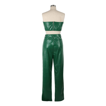 HBLL Women's Green Corset Cut-Out Cargo Sexy Sleeveless Jumpsuits PU Leather Matching Set Sexy Clubwear 2 Piece Outfits
