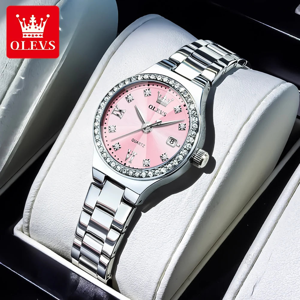 OLEVS 5628 Women Watch Luxury Elegant Quartz Watch Stainless Steel Waterproof Luminous Diamond Bezel Ladies Watch Bracelet Set Silver Pink CHINA Yes