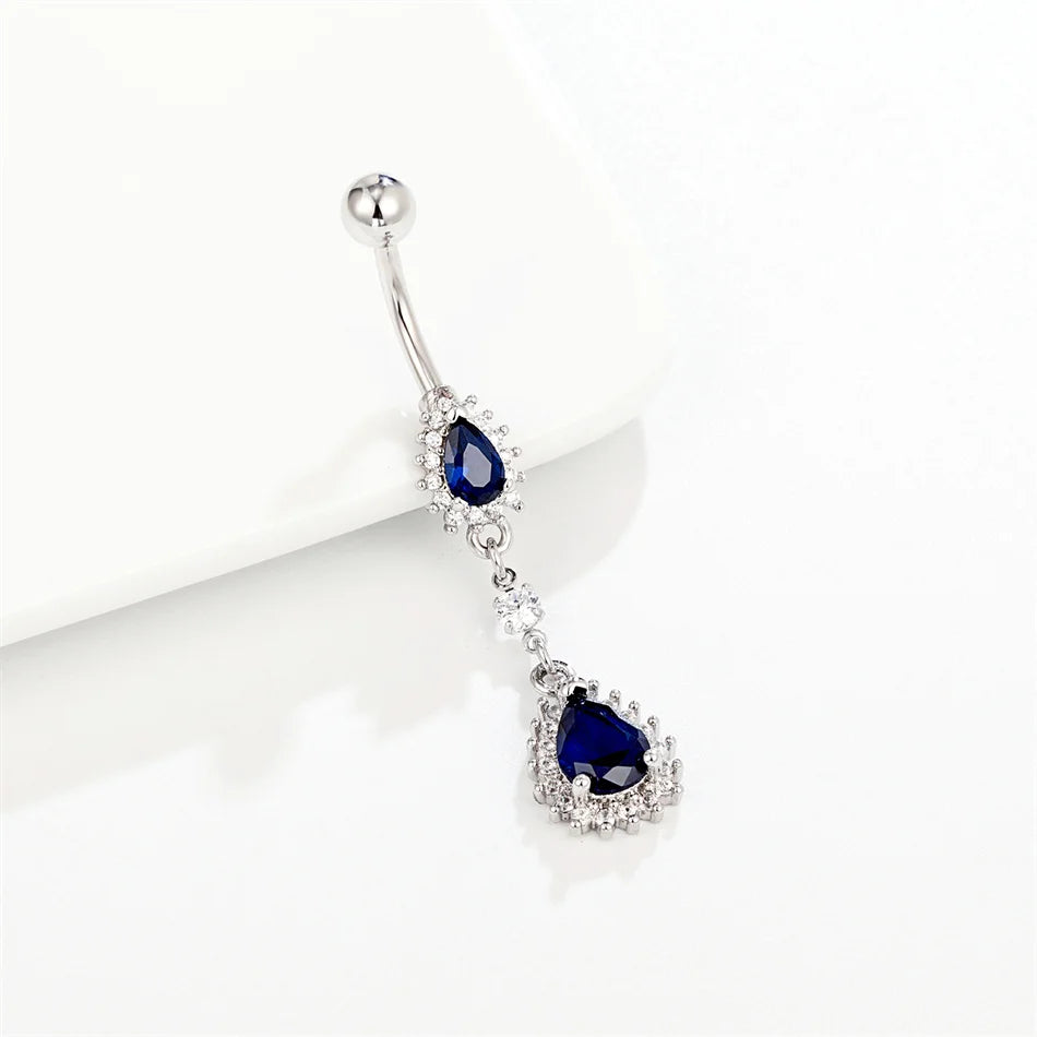 Luxury Blue Zircon Water Drop Belly Button Ring for Women Crystal Dangle Navel Piercing 14G Surgical Steel Barbell Body Jewelry Silver Navel Rings