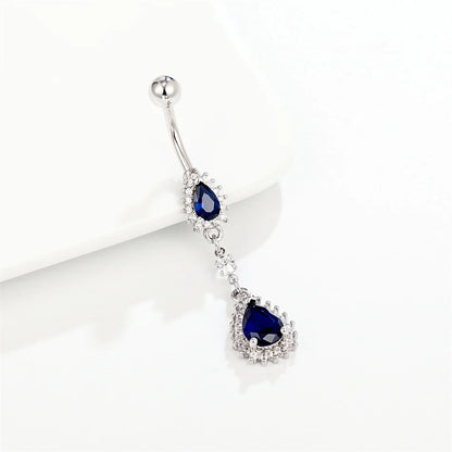 Luxury Blue Zircon Water Drop Belly Button Ring for Women Crystal Dangle Navel Piercing 14G Surgical Steel Barbell Body Jewelry Silver Navel Rings
