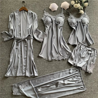 Pajamas Five Piece Set Sexy Lace Trim Nightgown Nightwear Spring Summer Women Bath Robe Loose Silk Satin Home Wear Pijamas Suit Gray 5PCS Set B