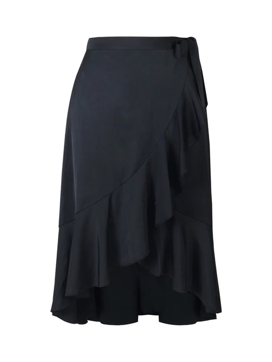 Plus Size 2025 New Women's Irregular Layered Solid Colour Half-body Skirt Polyester Versatile Elastic Waist Temperament Elegant Black