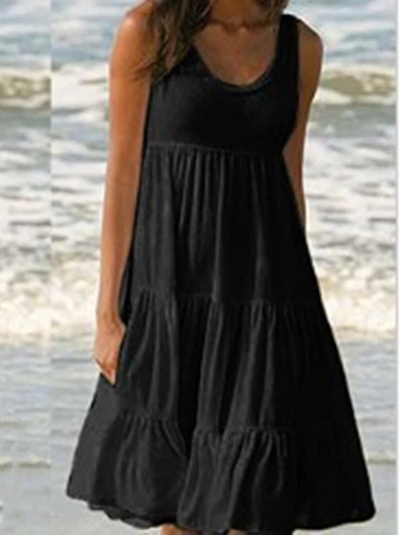 Women Causual O Neck Sleeveless Ruffles Mini Dress Boho Solid Beach Sundress Oversized Loose Dress 2023 Summer 8806-Black