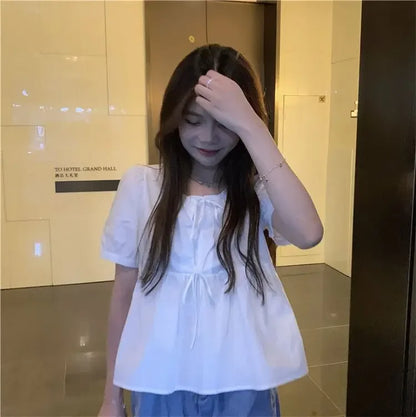 Ruffles Shirts and Blouses Korea Short Sleeve Top Women 2024 Summer Lace-up Sweet Blouses Cute Elegant Solid Sweet Folds Clothes