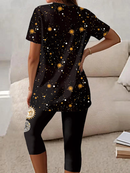 Plus Size Sun & Moon Print Capris Leggings Set, Crew Neck Short Sleeve T-shirt & Capris Leggings, Women's Plus Size Clothing