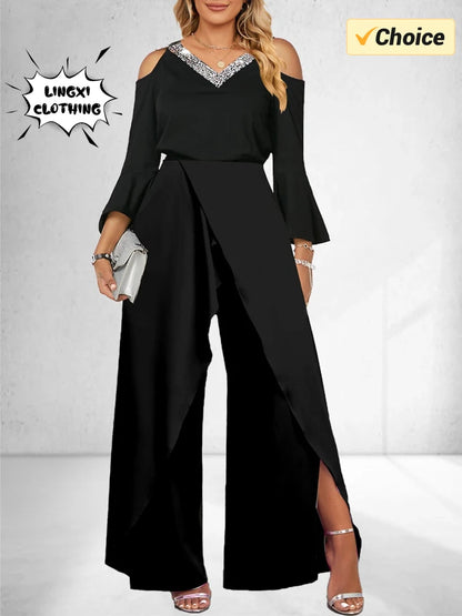 2024 Women's New Split Sequin Solid V-neck Basic Business Elegance Wide Leg Loose Sleeve Flare Sleeve Jumpsuit Bodysuit