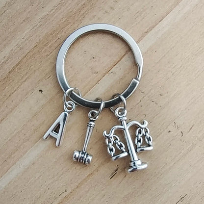 Lawyer Keychain,Scales of Justice Keychain, Judge justice hammer keychain ,Law Student Gift, A-Z Initial Keychain
