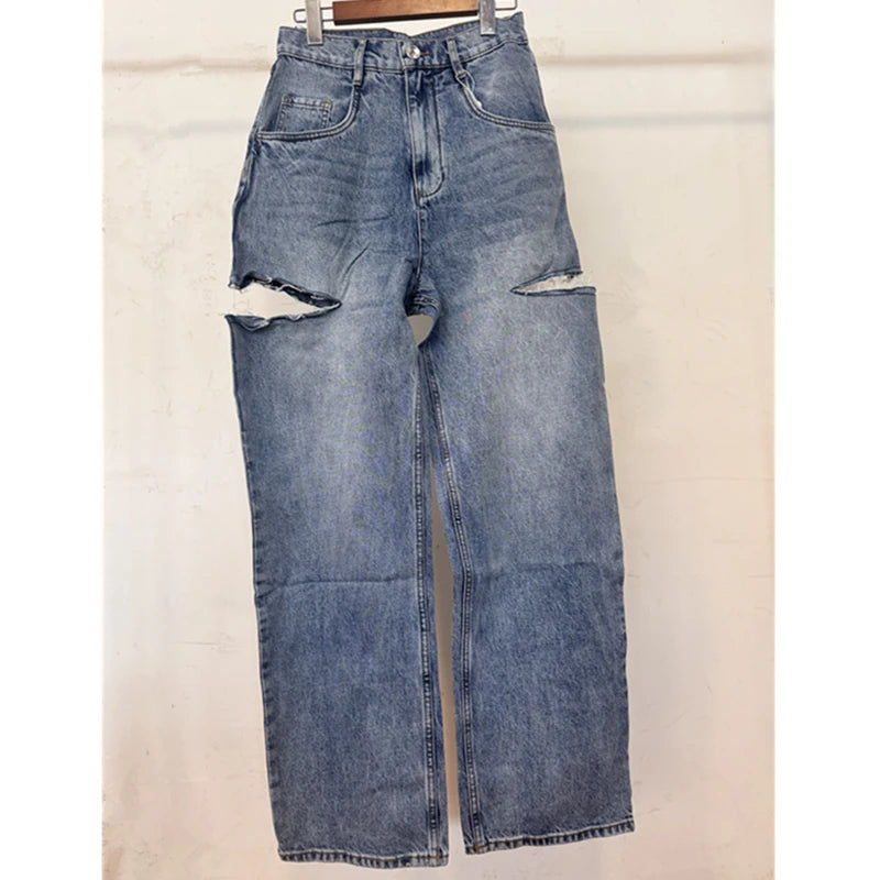 Dave&Di Summer British High Street Retro Loose Jeans With High Waist Wide Legs Broken Jeans For Women Boyfriend Style Mom Jeans Blue
