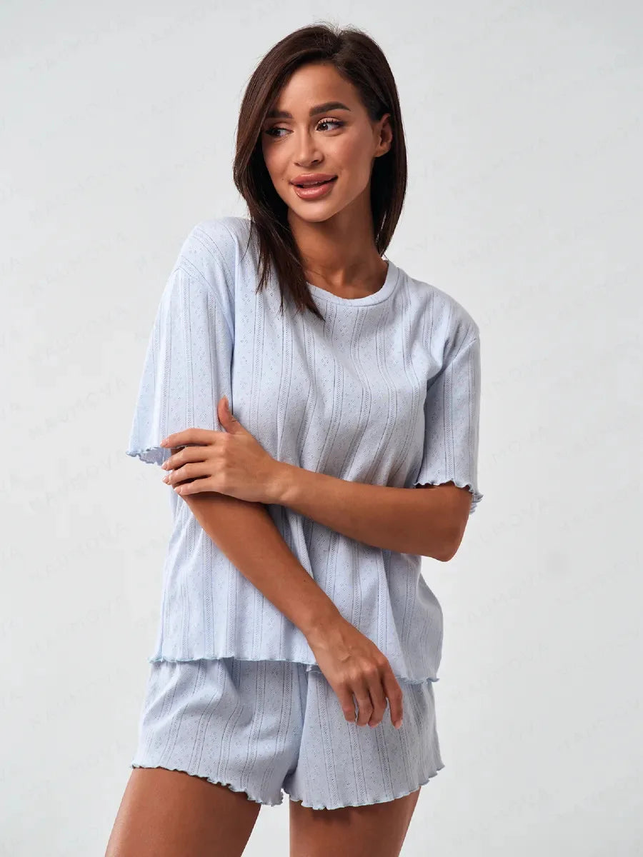 SURI Women's Pajamas Set Summer Short Sleepwear 2 Piece Set For Women Casual Home Round Neck Suit Breathable Knitted Fabric