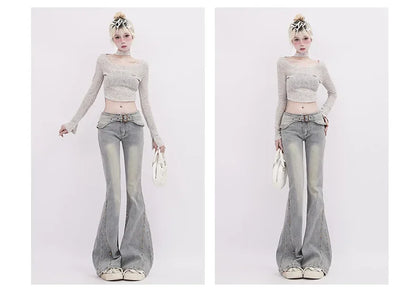Korean Light Blue Flare Jeans Women Y2k Low Rise Vintage Denim Trousers Fashion Skinny Classic Aesthetic Harajuku Pants