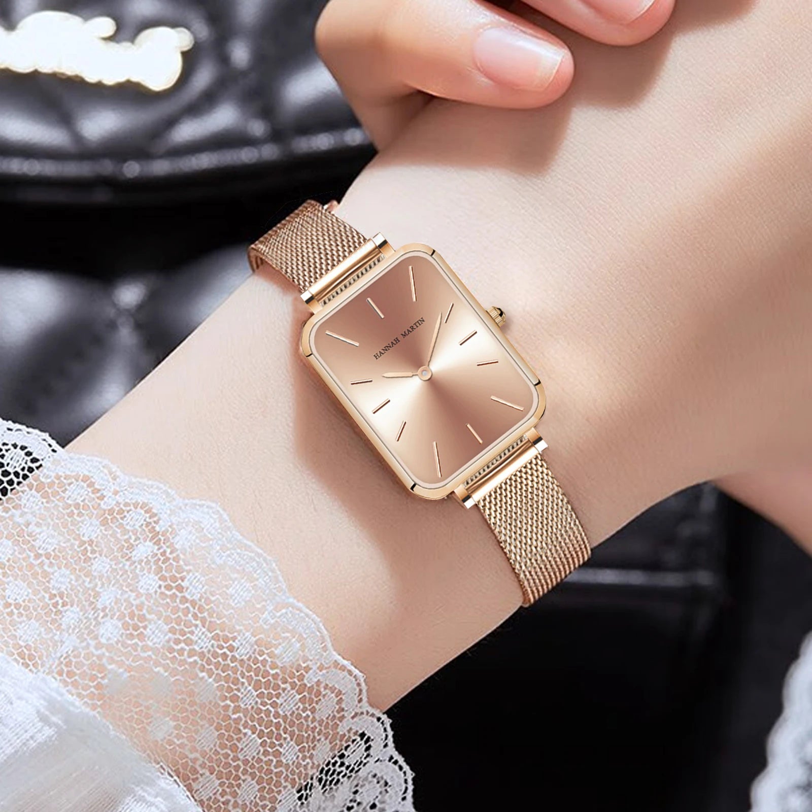 Square Women Stainless Steel Mesh Strap Watch Fashion Japanese Movement Rose Gold Simple Leisure Fashion Hannah Martin Watches