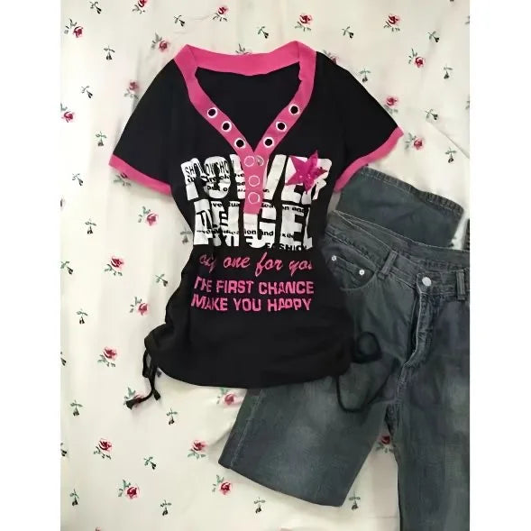 Millennium Y2k Star Printed Fake Two Piece T-Shirt American Vintage V-neck Short Sleeve T-shirt Harajuku Y2k V-neck T-shirt 03