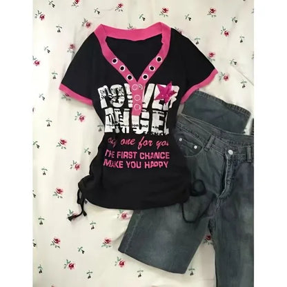 Millennium Y2k Star Printed Fake Two Piece T-Shirt American Vintage V-neck Short Sleeve T-shirt Harajuku Y2k V-neck T-shirt 03