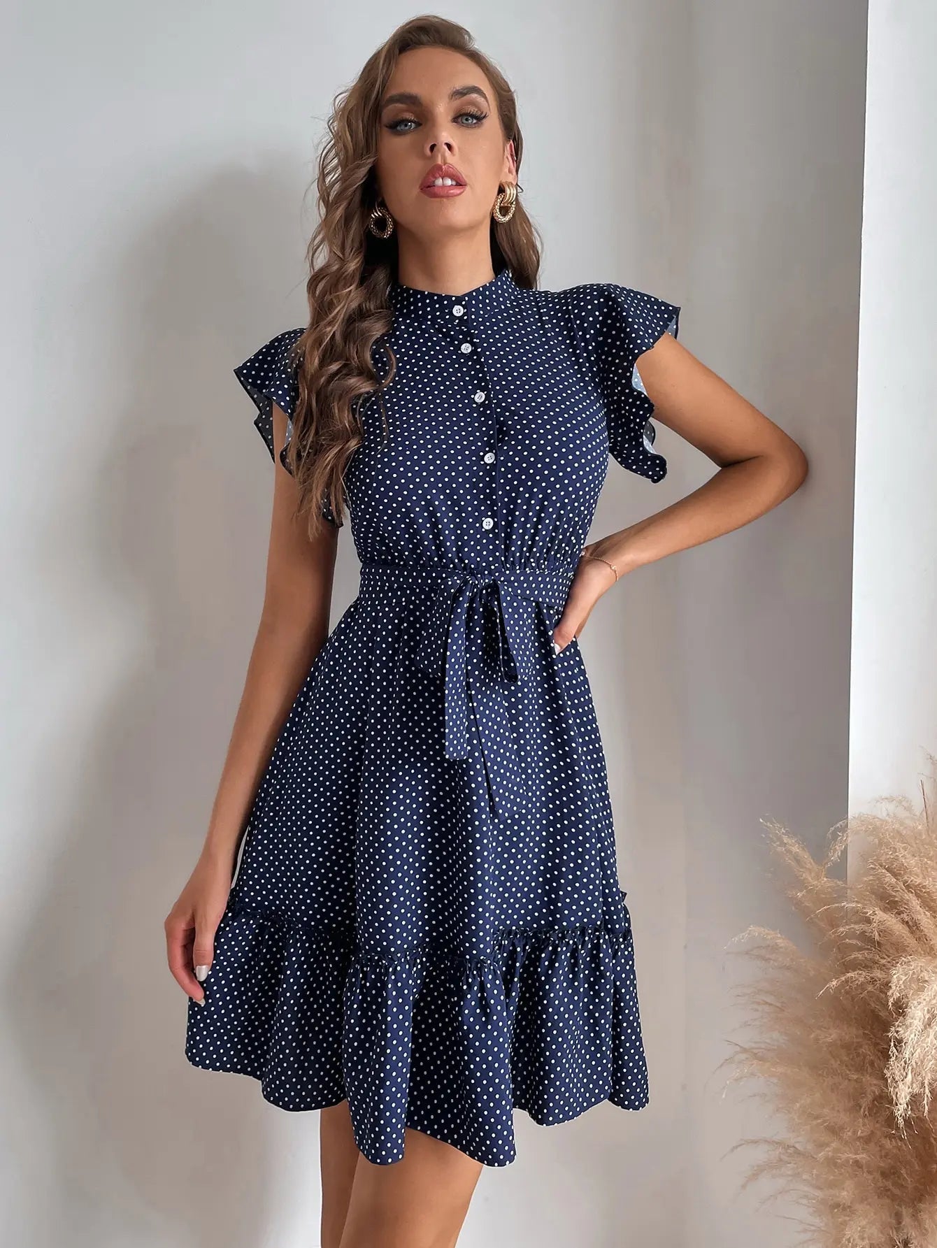 European and American women's polka dot printed butterfly sleeves with ruffled edges and wide pine hem waistband dress Badiee Stylez