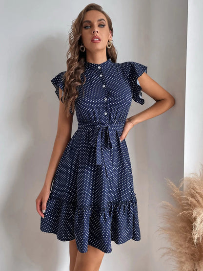 European and American women's polka dot printed butterfly sleeves with ruffled edges and wide pine hem waistband dress Badiee Stylez