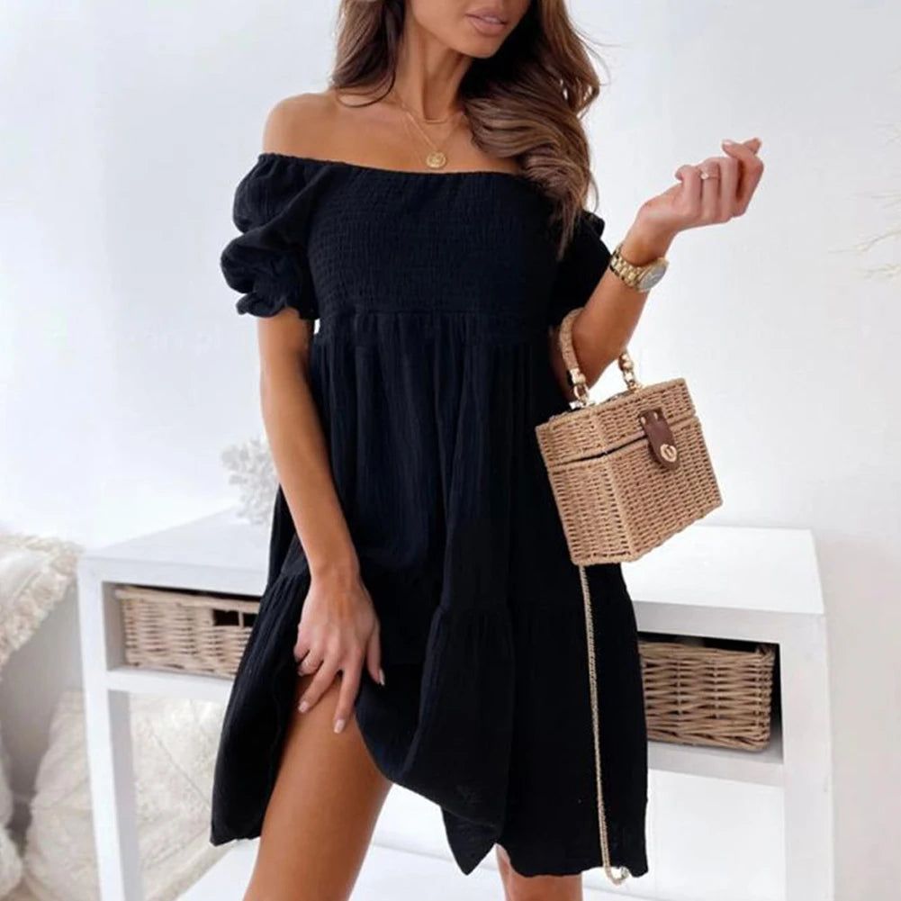 New Short Sleeve Off The Shoulder High Waist A-Line Pleated Dress Sexy Club Outfits Solid Color Summer Dress Women 2025