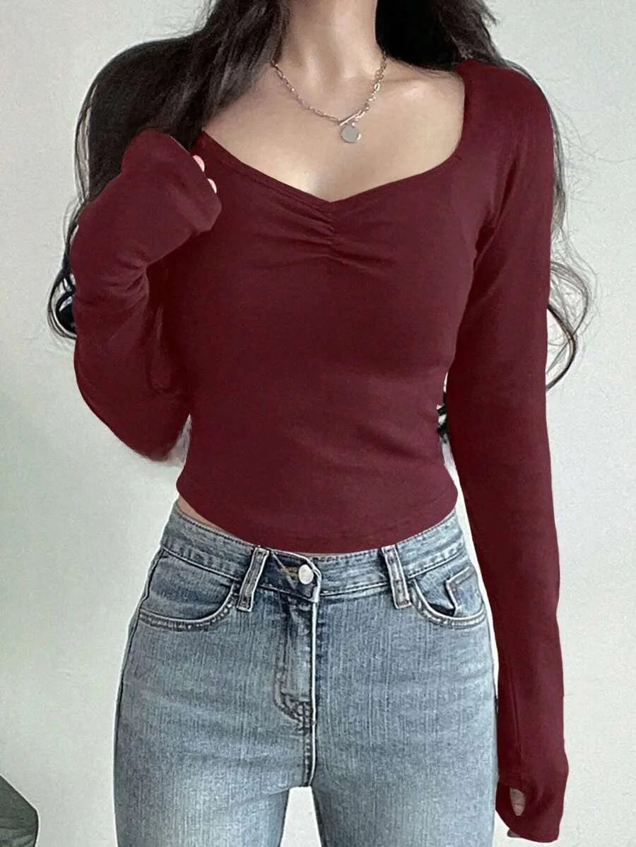 Women Long Sleeve Tops - Sexy Going Out Sweetheart V Neck Basic Shirts Tight Slim Fall Trendy Clothing