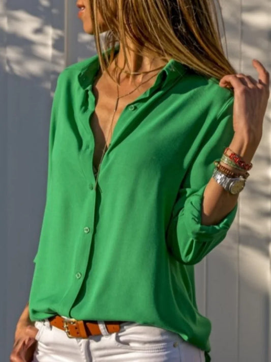 Women Elegant Solid Chiffon Blouse Spring Summer Casual Long Sleeve V Neck Loose Shirt Office Lady Tunics Oversized Tops 2023 green