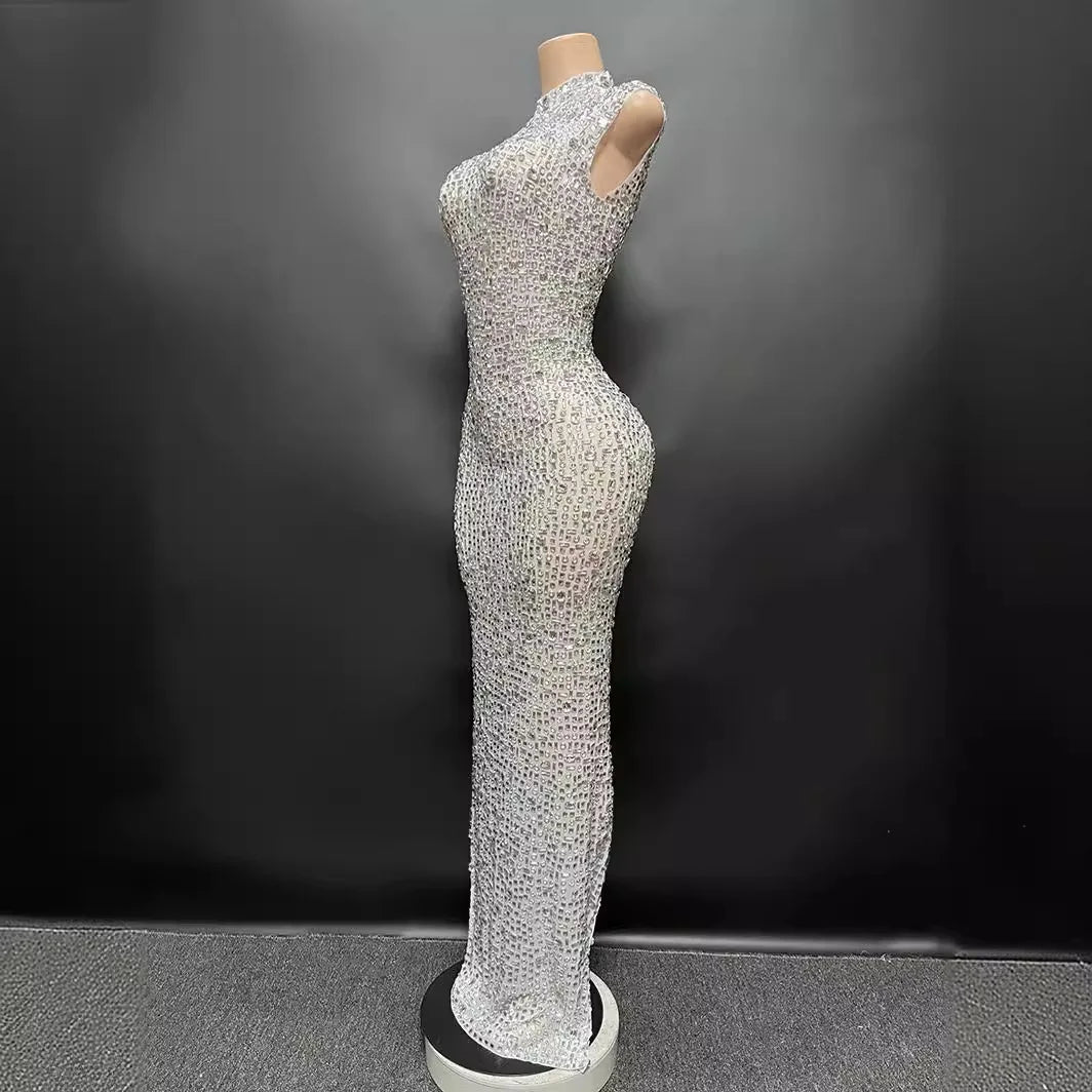 Sexy Full Drill Elastic Slim Fit Sleeveless Long Dress - Hip Wrap, For Host Stage Catwalk & Engagement Evening High-Slit Dresses Badiee Stylez