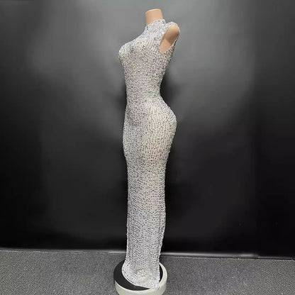 Sexy Full Drill Elastic Slim Fit Sleeveless Long Dress - Hip Wrap, For Host Stage Catwalk & Engagement Evening High-Slit Dresses Badiee Stylez