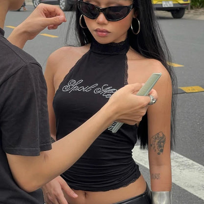 Lygens Halter Rhinestone Diampnds Lace Backless Sleeveelss Women'S Tops Tshirts Y2K Wholesale Casual Solid Fashion Clothing