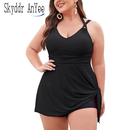 Women Plus Size Swimwear Two Piece Black Tankini Swimdress V Neck Halter Floral Asymmetrical Hem Skirted Swimsuits with Boyshort