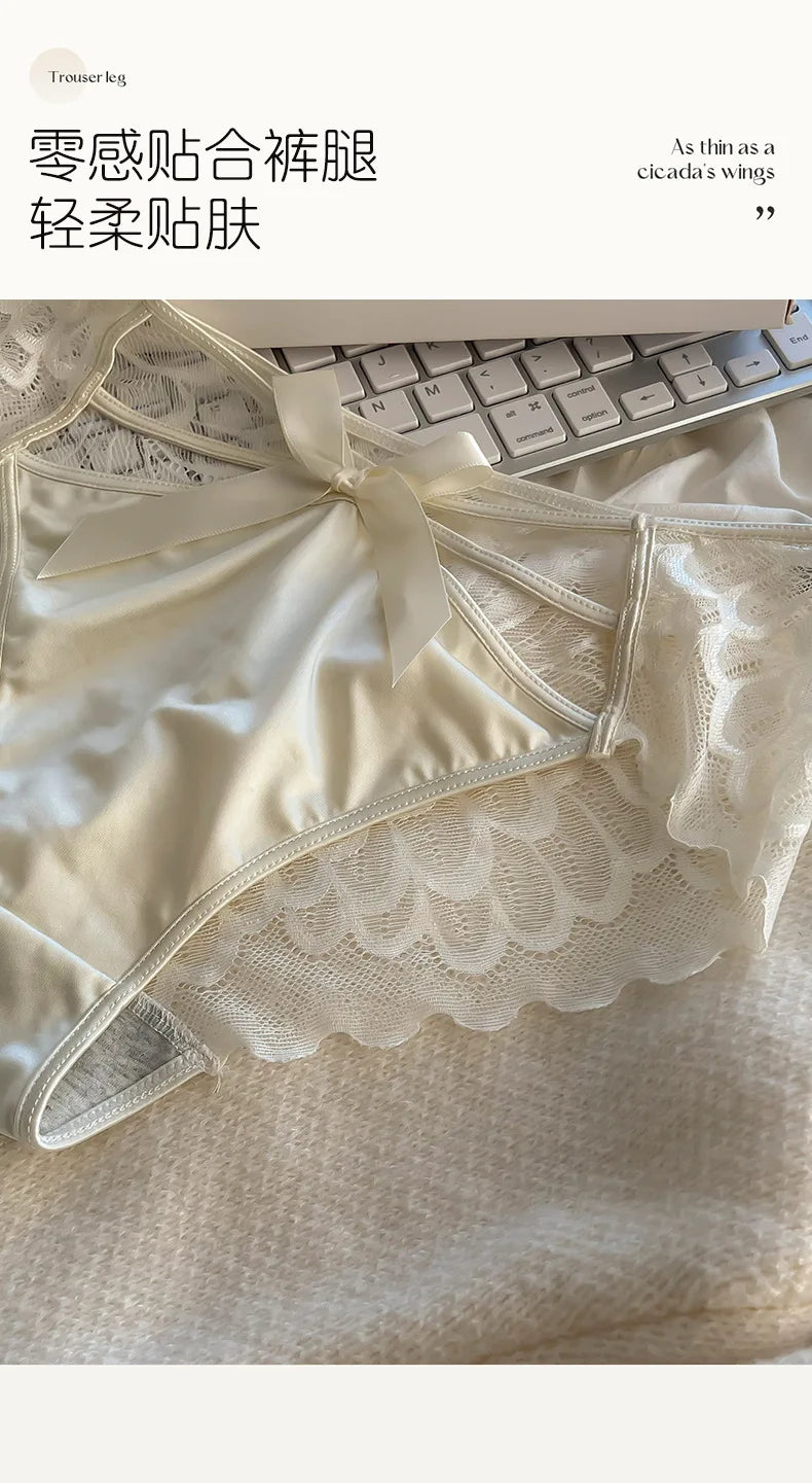 5Pcs Silk underwear, Women's intimate sexy lovely soft ﻿comfortable bowknot silk light thin triangular pants lace splicing
