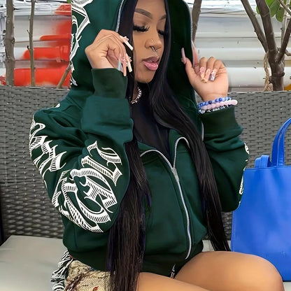Letter Print Long Sleeve Zip Up Hoodies, Cyber Y2K Gothic Punk Sweatshirt, Women's Clothing green